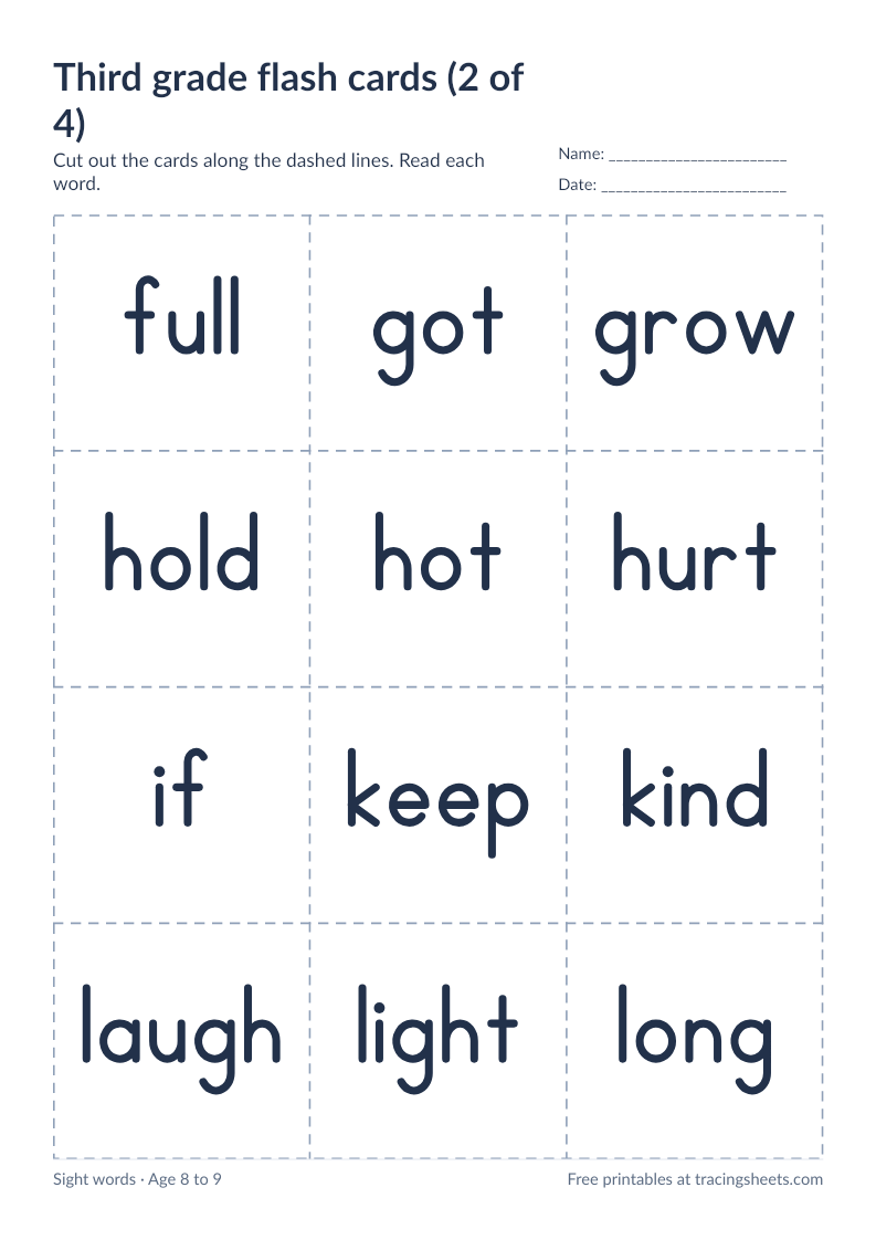 Preview of the printable third grade flash cards (2 of 4) worksheet