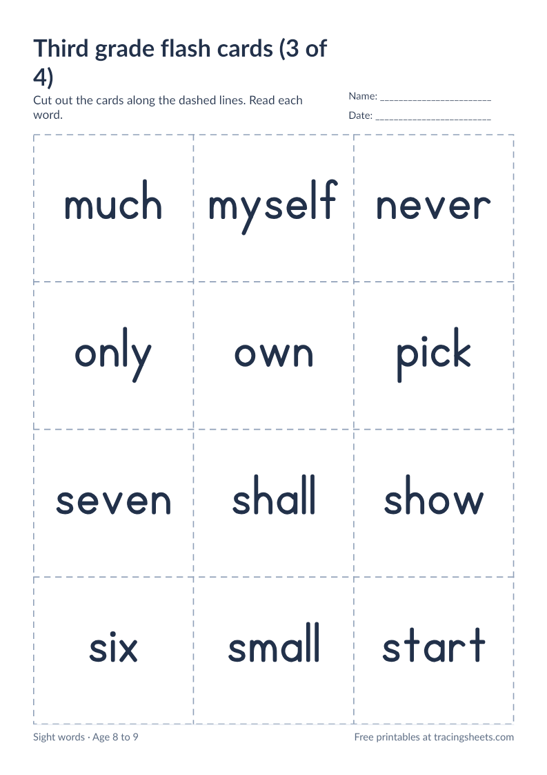 Preview of the printable third grade flash cards (3 of 4) worksheet