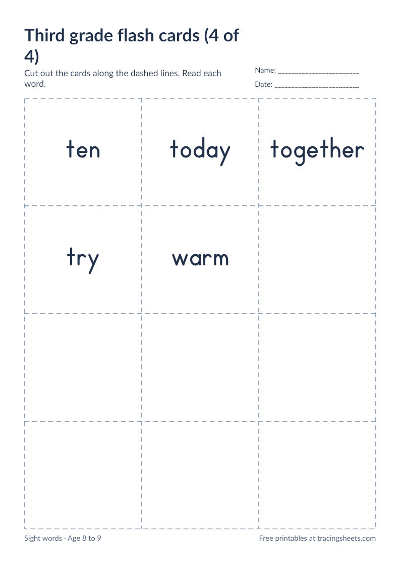 Preview of the printable third grade flash cards (4 of 4) worksheet