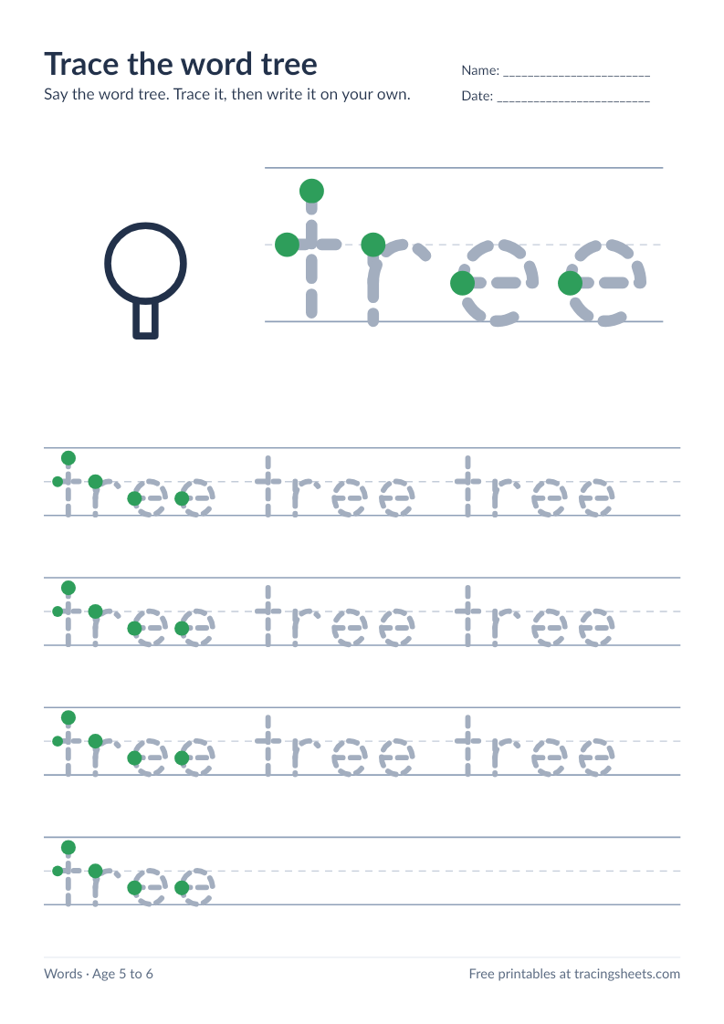 Preview of the printable trace the word tree worksheet