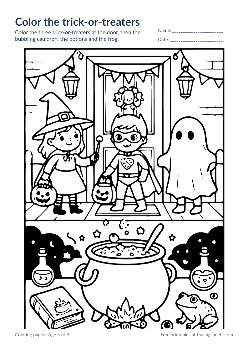 Preview of the printable color the trick-or-treaters worksheet