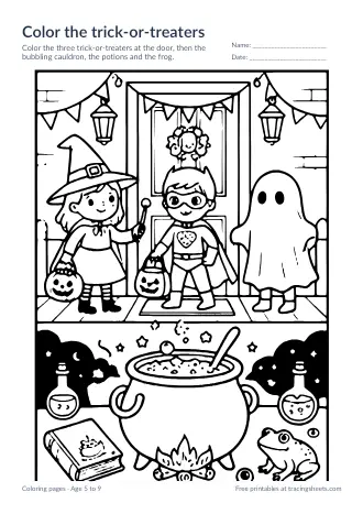 Preview of the color the trick-or-treaters worksheet
