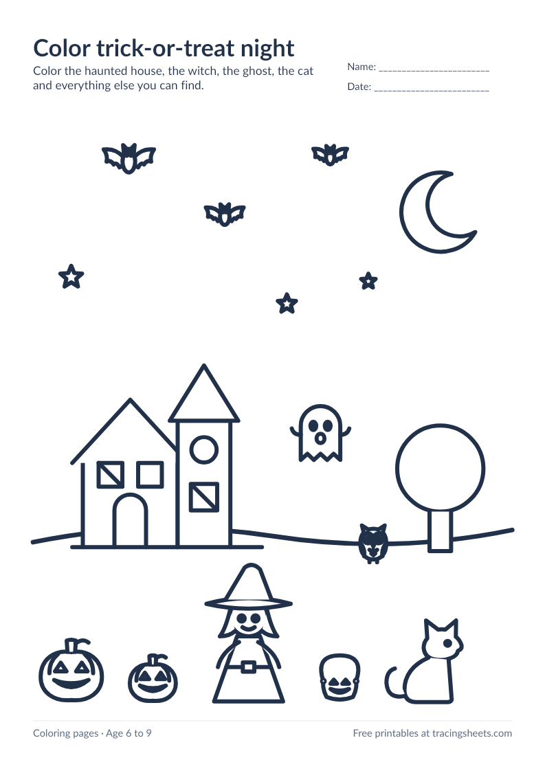 Preview of the printable color trick-or-treat night worksheet