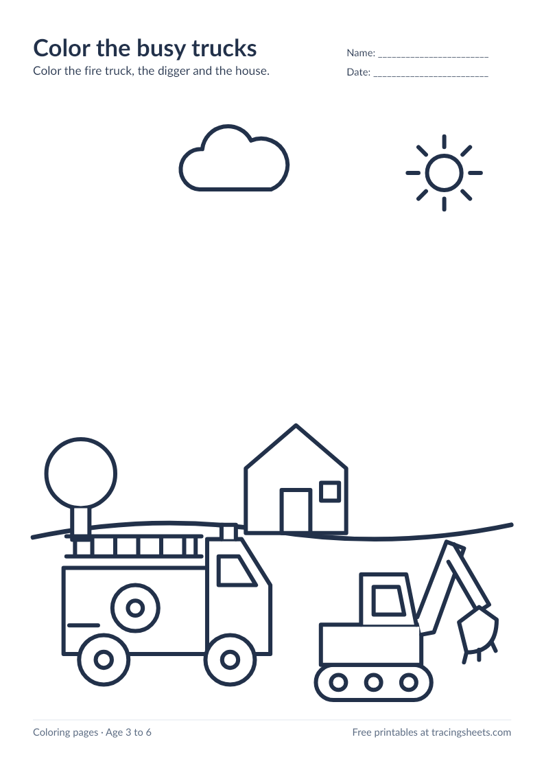 Preview of the printable color the busy trucks worksheet