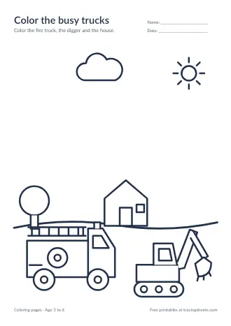 Preview of the color the busy trucks worksheet