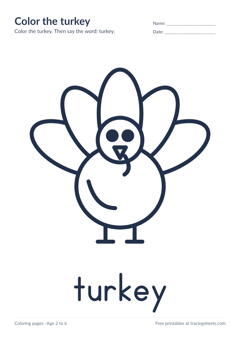 Preview of the printable color the turkey worksheet