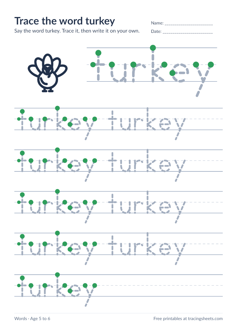 Preview of the printable trace the word turkey worksheet