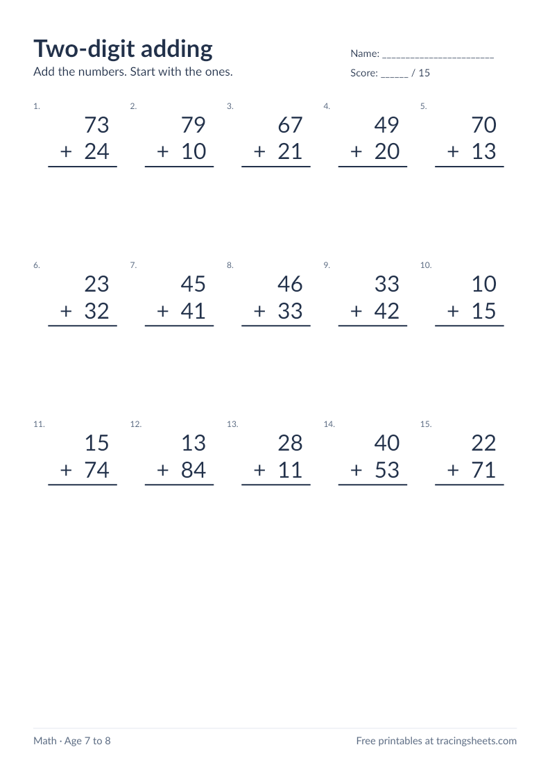 Preview of the printable two-digit adding worksheet