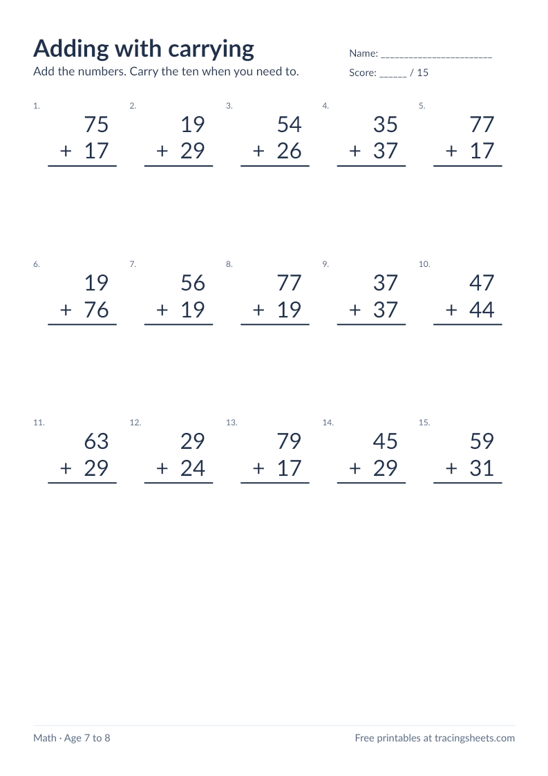 Preview of the printable adding with carrying worksheet