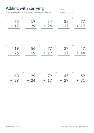 Preview of the adding with carrying worksheet