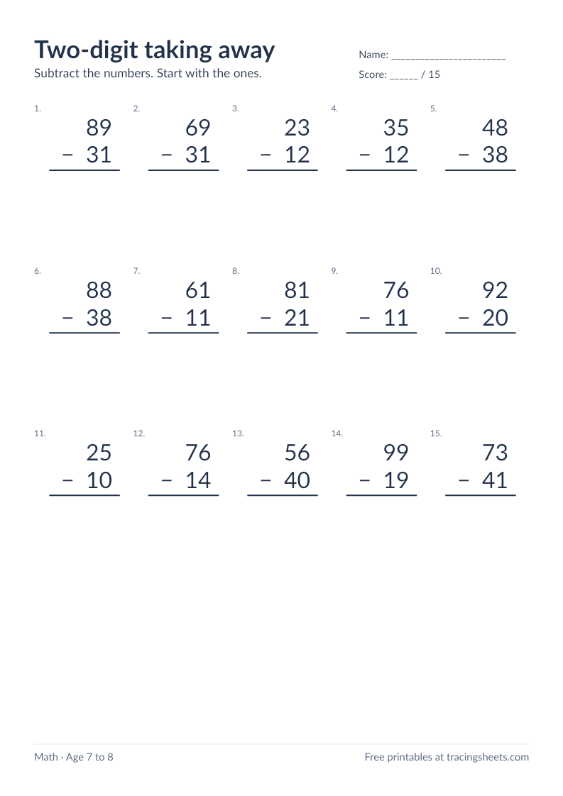 Preview of the printable two-digit taking away worksheet