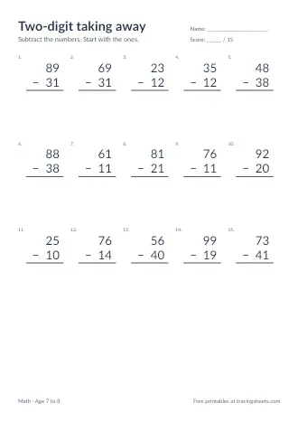 Preview of the two-digit taking away worksheet