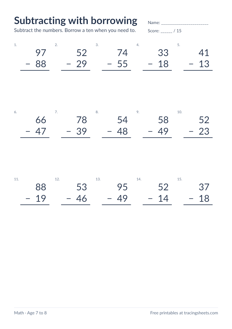 Preview of the printable subtracting with borrowing worksheet