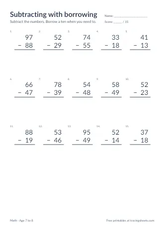 Preview of the subtracting with borrowing worksheet