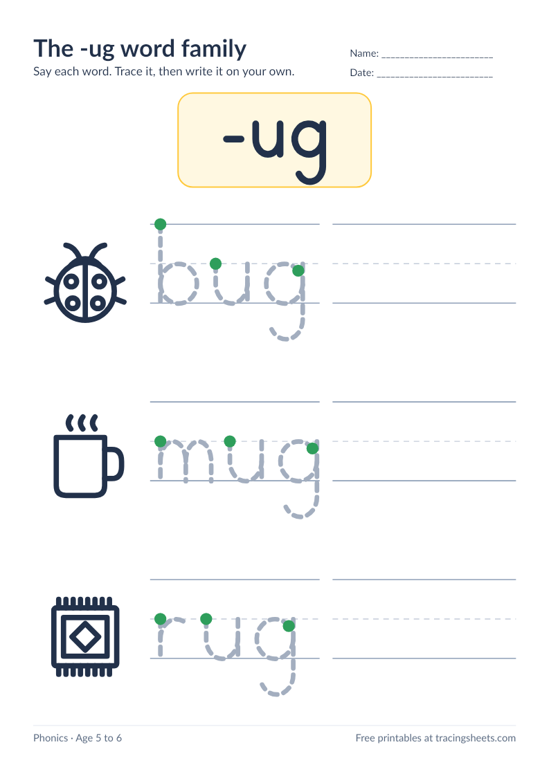 Preview of the printable the -ug word family worksheet