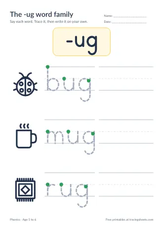 Preview of the the -ug word family worksheet