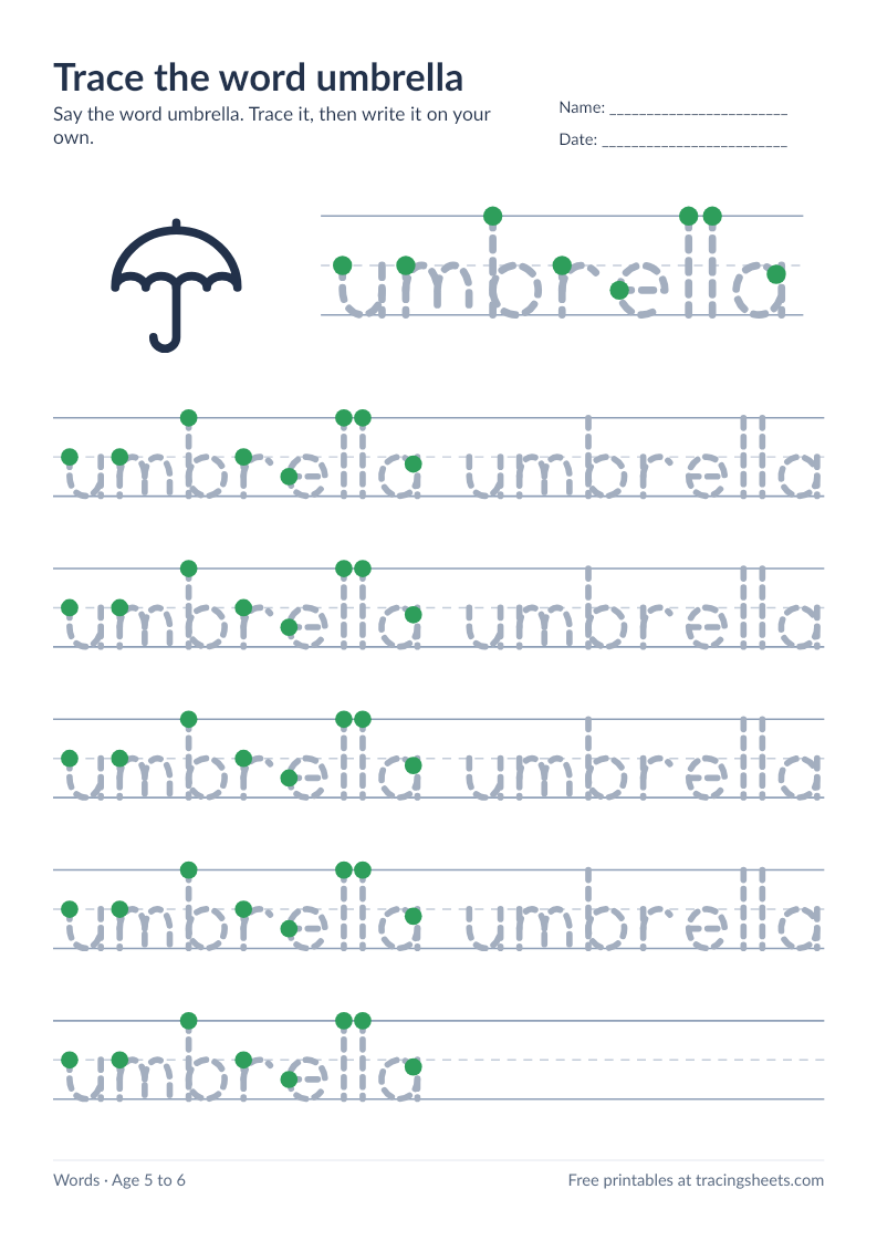 Preview of the printable trace the word umbrella worksheet