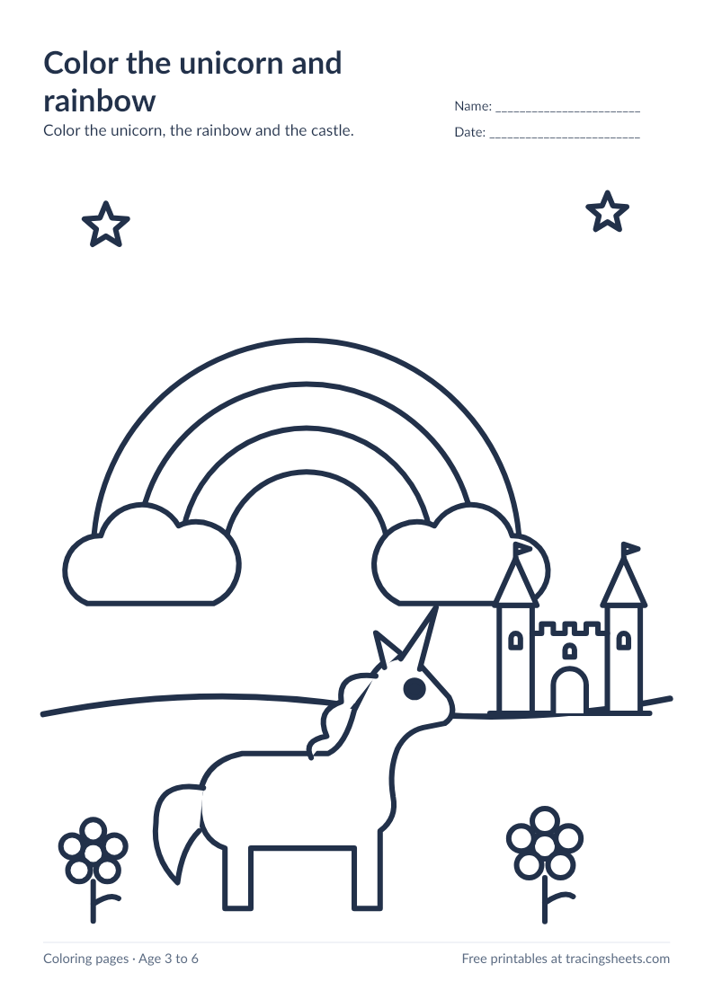 Preview of the printable color the unicorn and rainbow worksheet