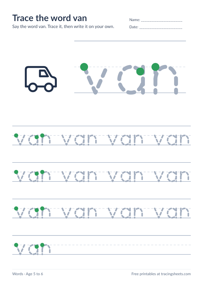 Preview of the printable trace the word van worksheet