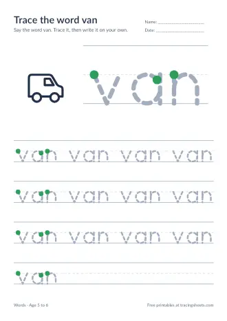 Preview of the trace the word van worksheet