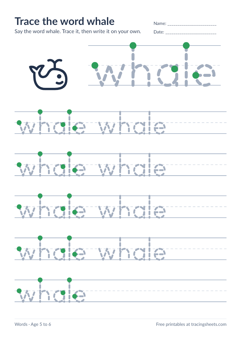 Preview of the printable trace the word whale worksheet
