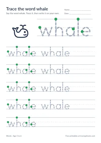 Preview of the trace the word whale worksheet