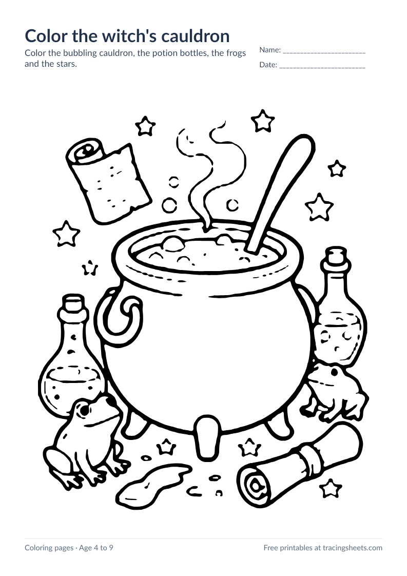 Preview of the printable color the witch's cauldron worksheet