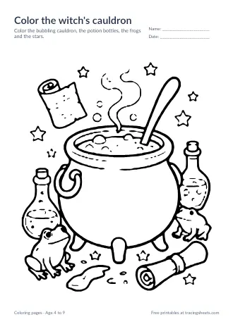 Preview of the color the witch's cauldron worksheet