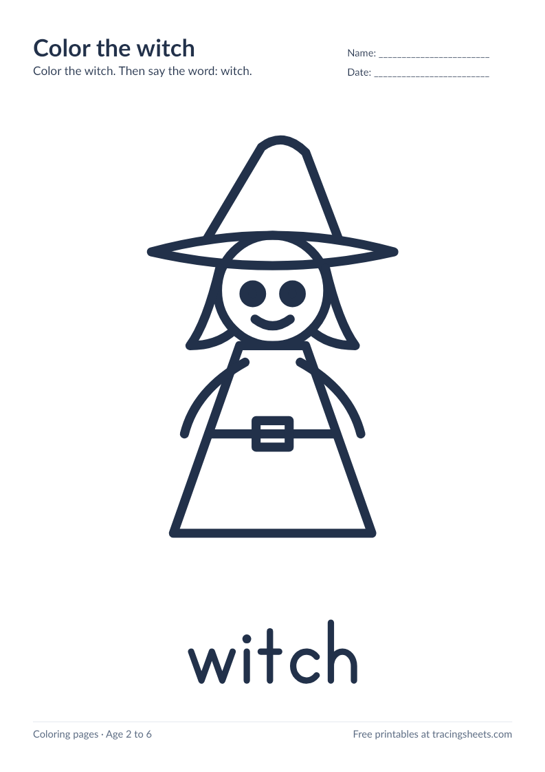 Preview of the printable color the witch worksheet