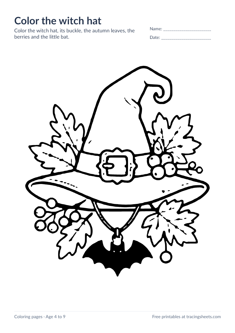 Preview of the printable color the witch hat worksheet