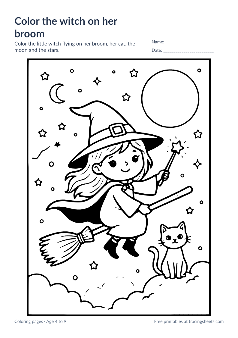 Preview of the printable color the witch on her broom worksheet
