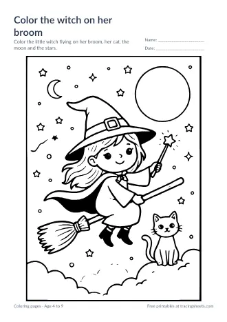 Preview of the color the witch on her broom worksheet