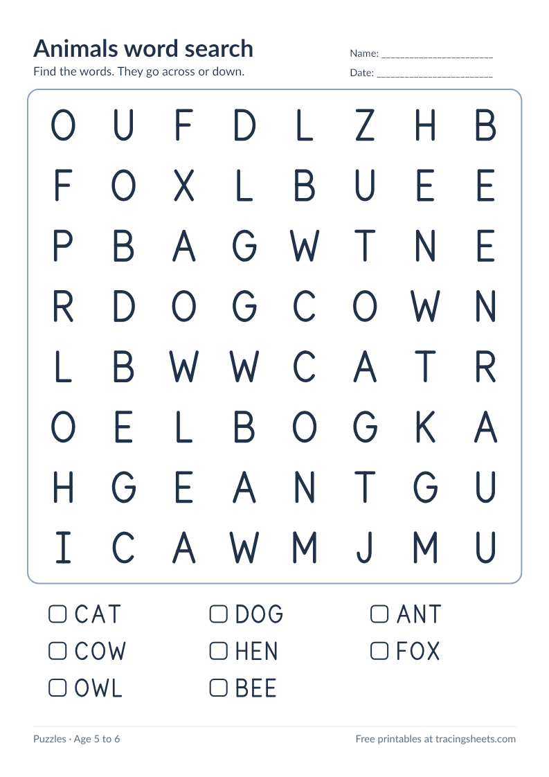 Preview of the printable animals word search worksheet
