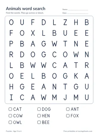 Preview of the animals word search worksheet