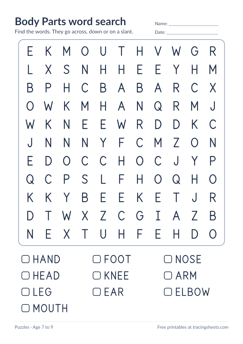 Preview of the printable body parts word search worksheet