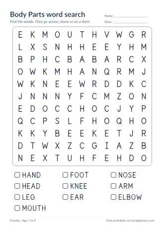 Preview of the body parts word search worksheet