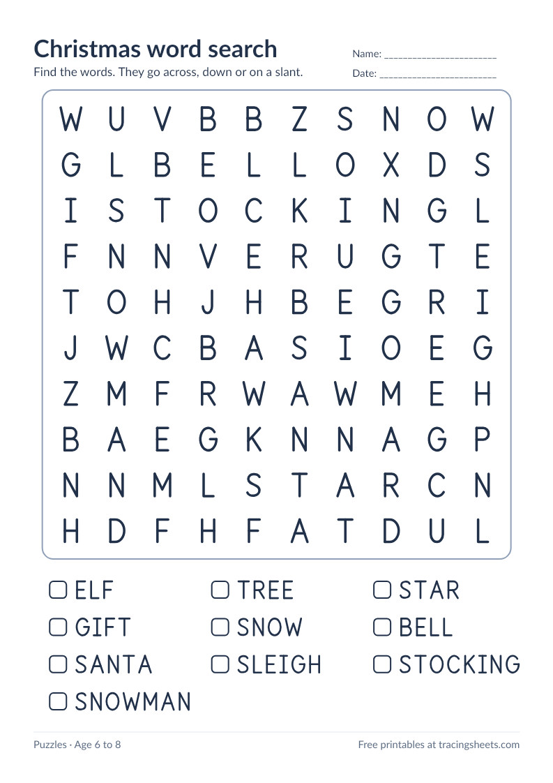 Preview of the printable christmas word search worksheet