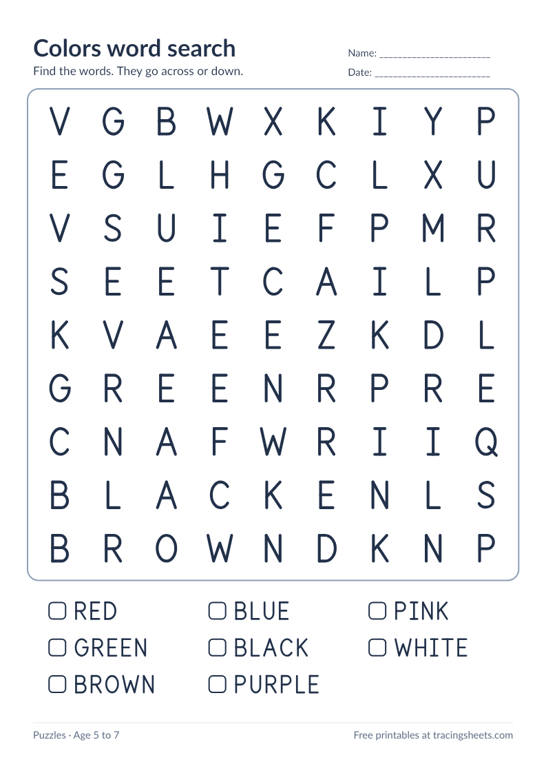 Preview of the printable colors word search worksheet