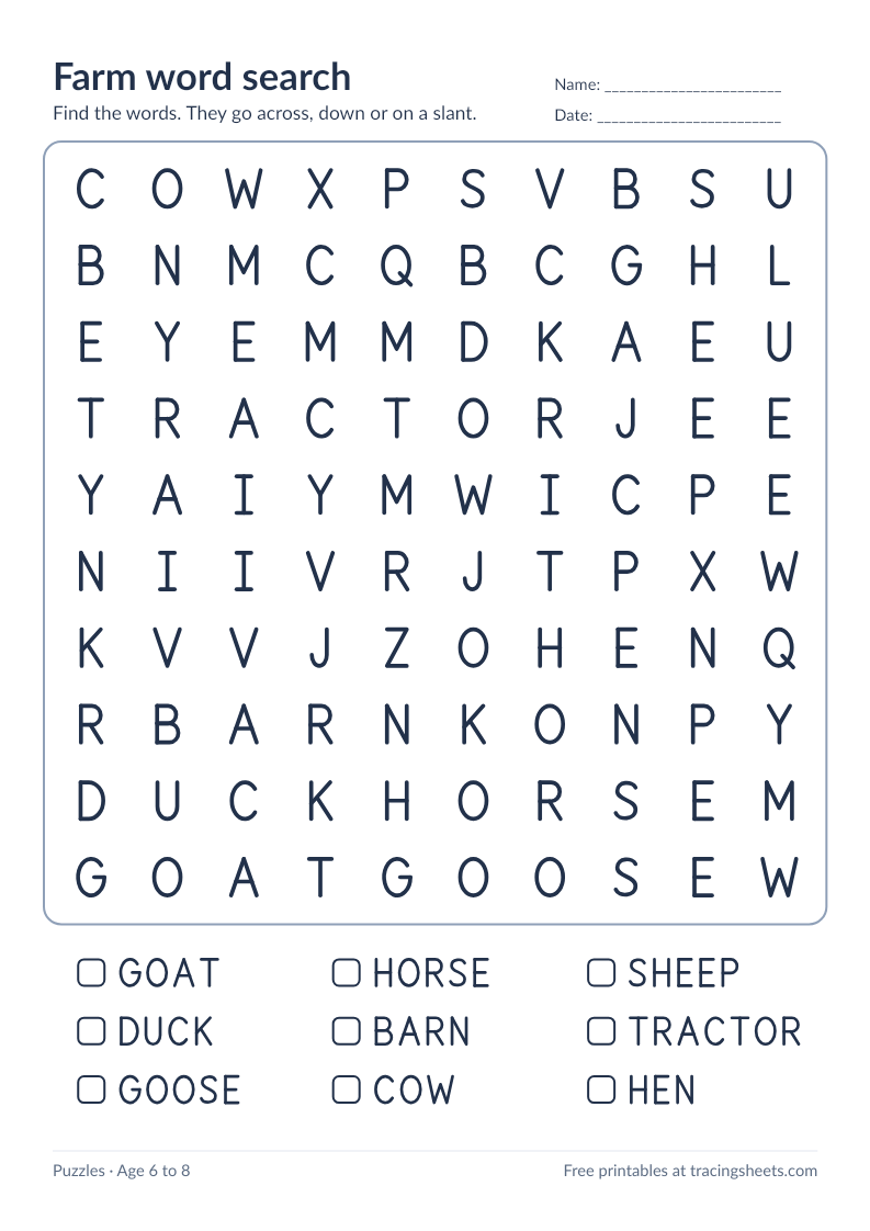Preview of the printable farm word search worksheet