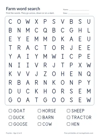 Preview of the farm word search worksheet