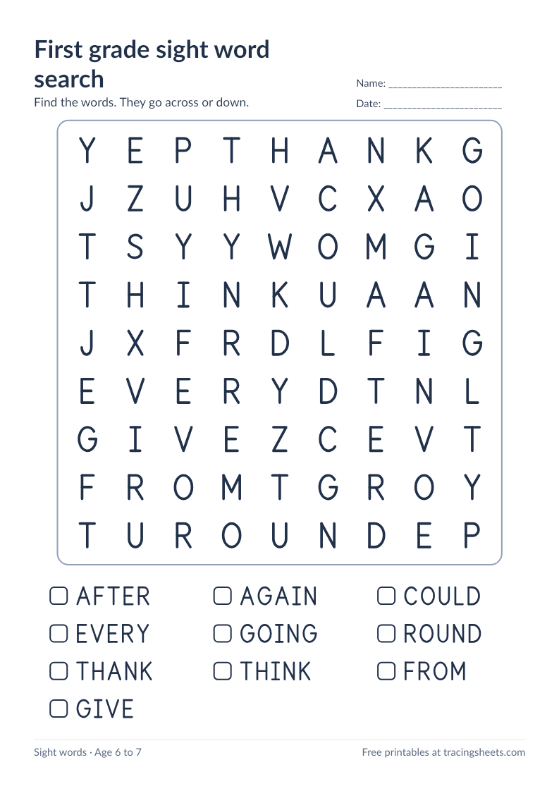 Preview of the printable first grade sight word search worksheet