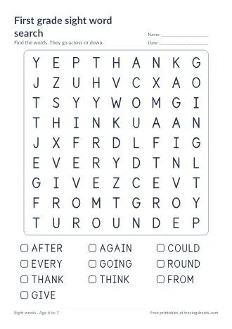 Preview of the first grade sight word search worksheet