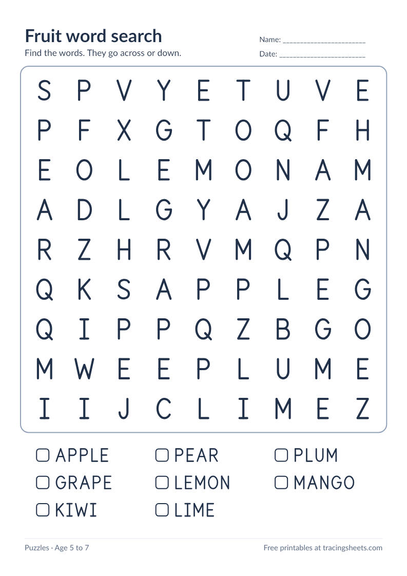 Preview of the printable fruit word search worksheet