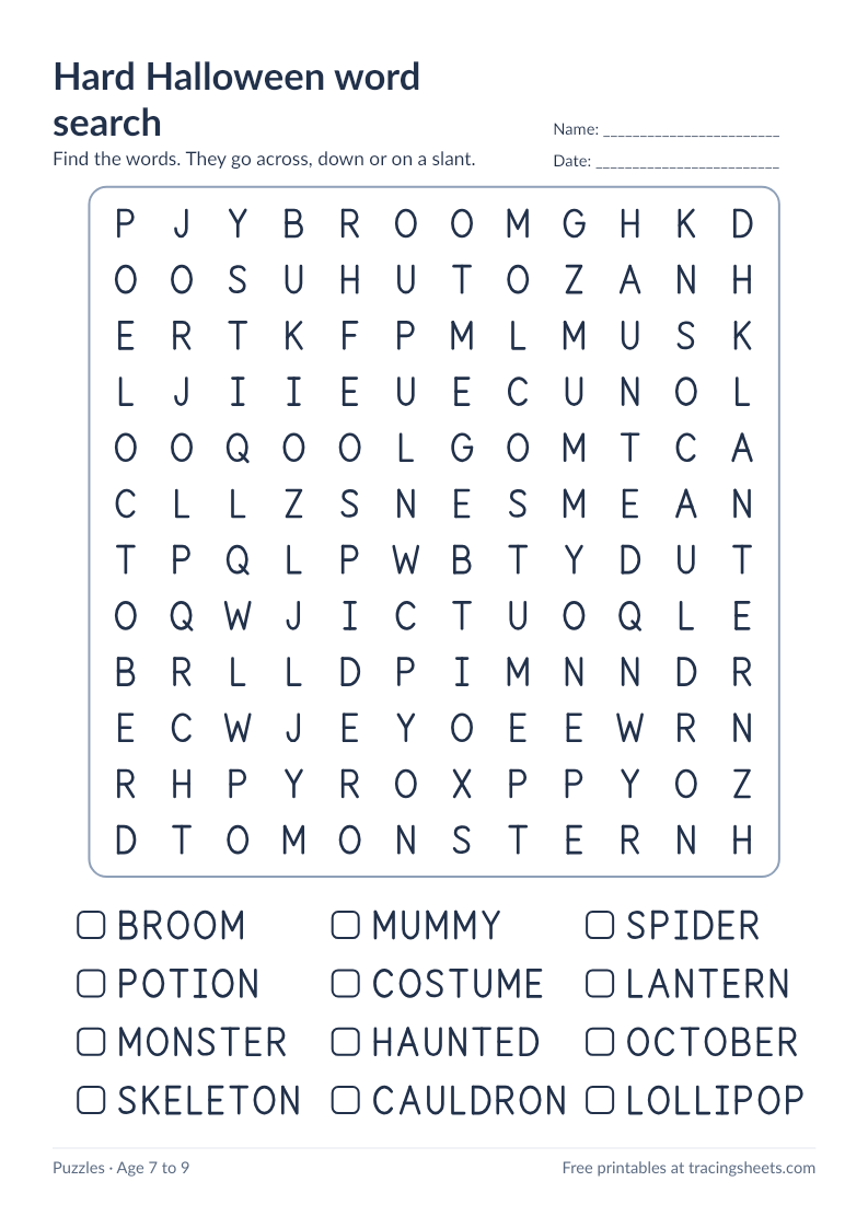 Preview of the printable hard halloween word search worksheet