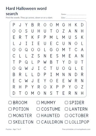 Preview of the hard halloween word search worksheet