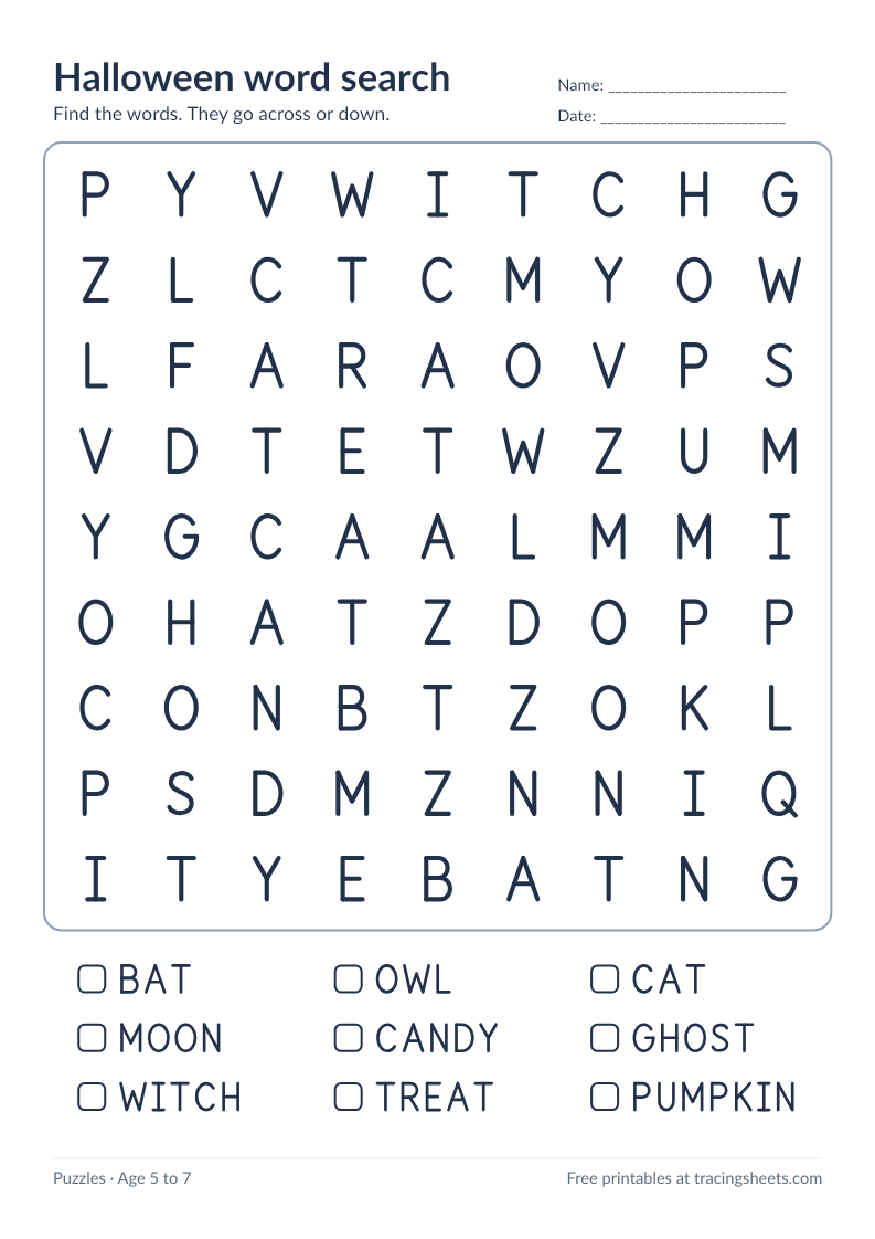 Preview of the printable halloween word search worksheet