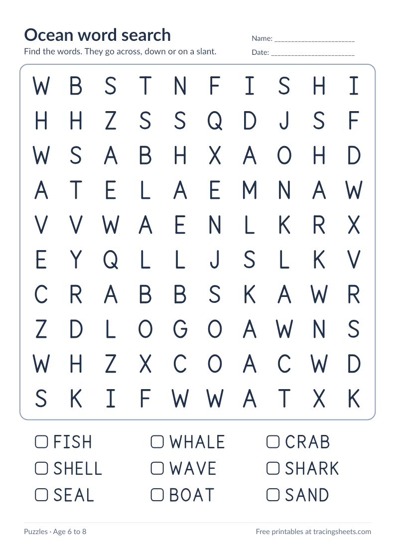 Preview of the printable ocean word search worksheet