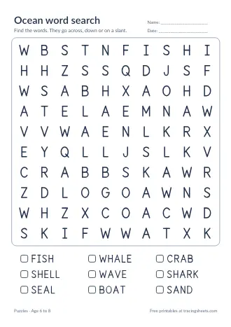 Preview of the ocean word search worksheet