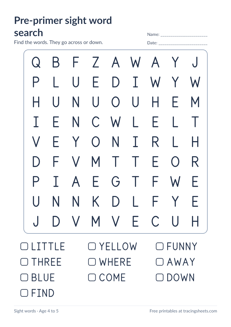 Preview of the printable pre-primer sight word search worksheet