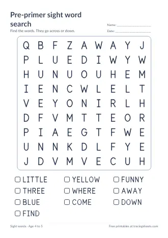 Preview of the pre-primer sight word search worksheet